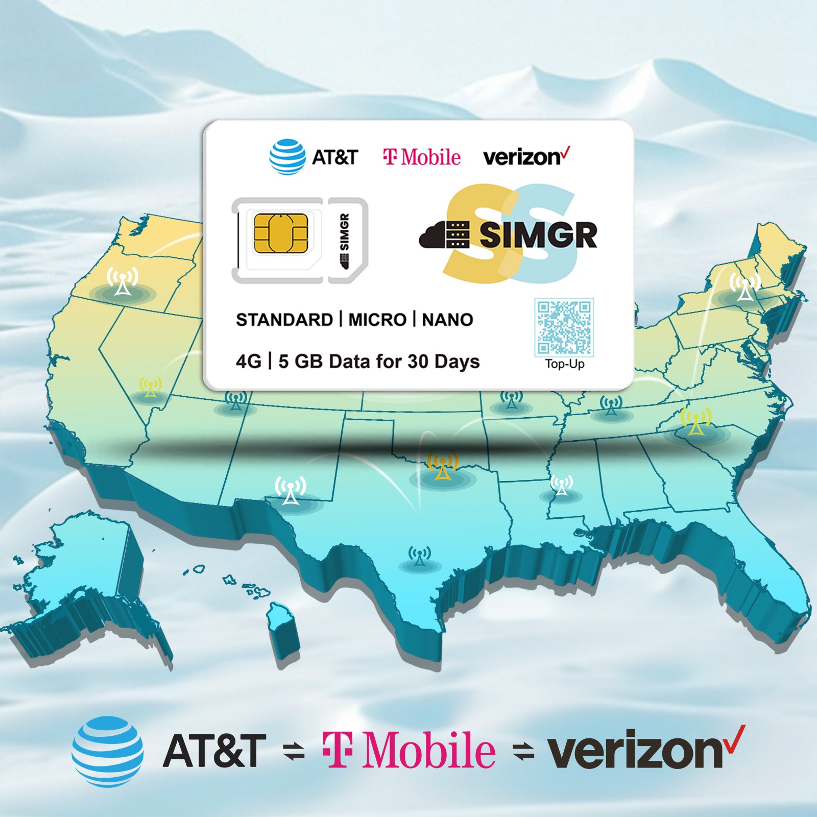 SIMGR Prepaid SIM Card USA Triple-Play Network 4G LTE--Include 5GB for 30 Days